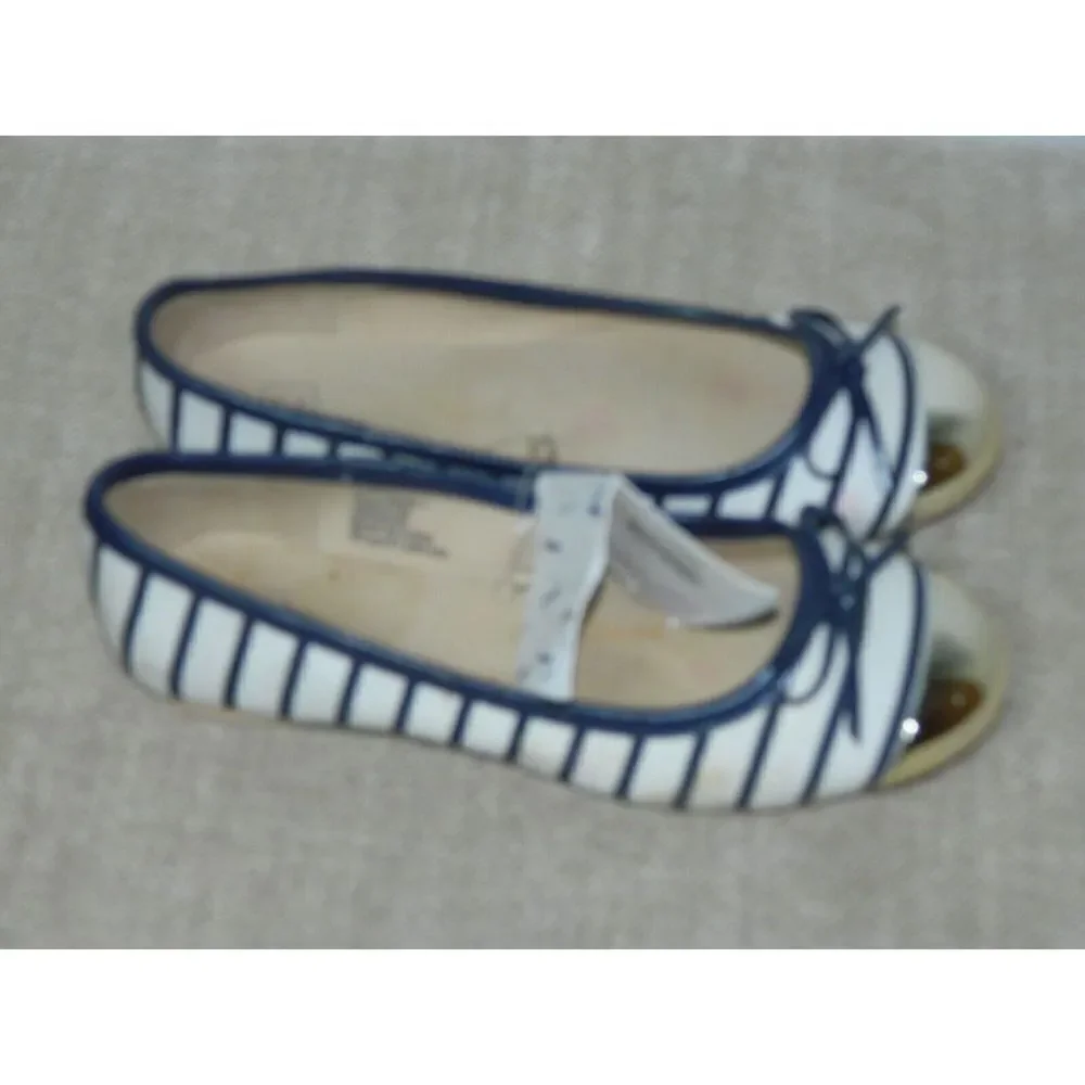 Janie and Jack‎ Ballet Flats Size 1 Blue white Striped Gold Toe Metallic Bow
